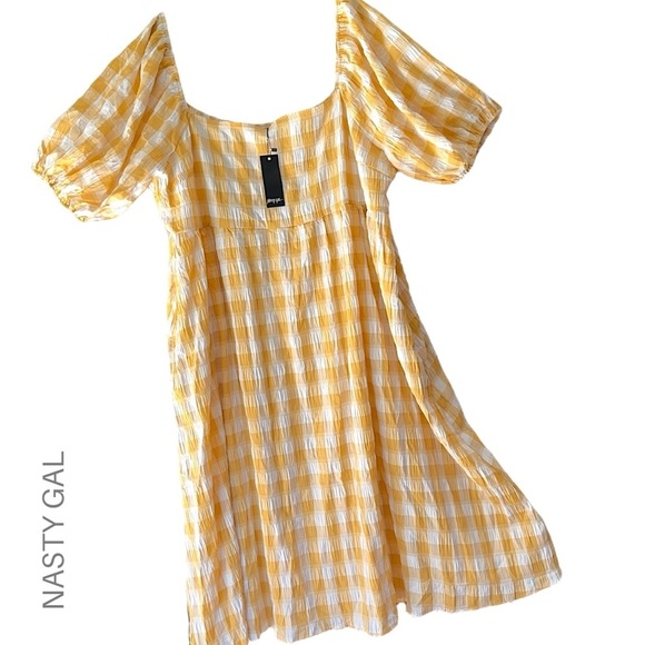 NWT | NASTY GAL PLUS SIZE SMOCKED GINGHAM MIDI DRESS LEMON YELLOW | SIZE 22 - Picture 1 of 12